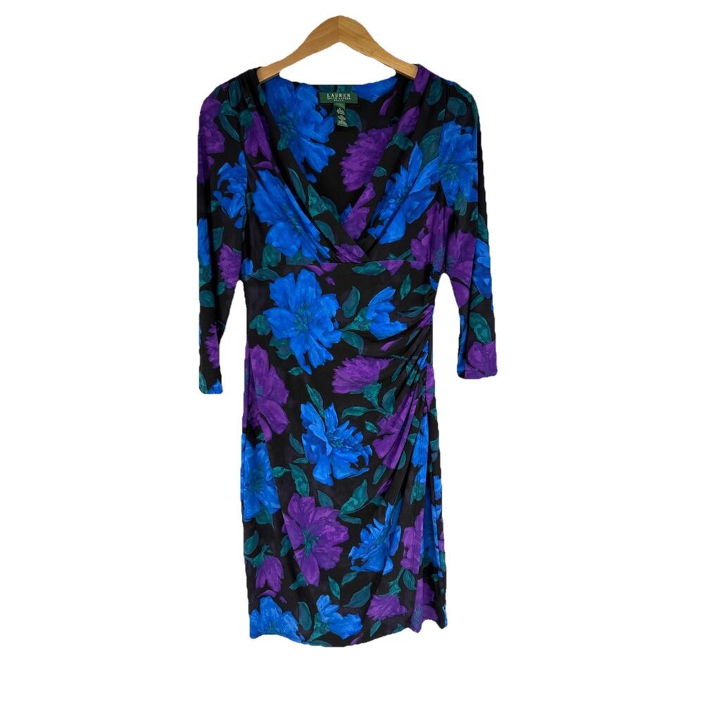 Lauren Ralph Lauren Dark Purple Blue Floral Ruched Stretch Cocktail Dress Size 4